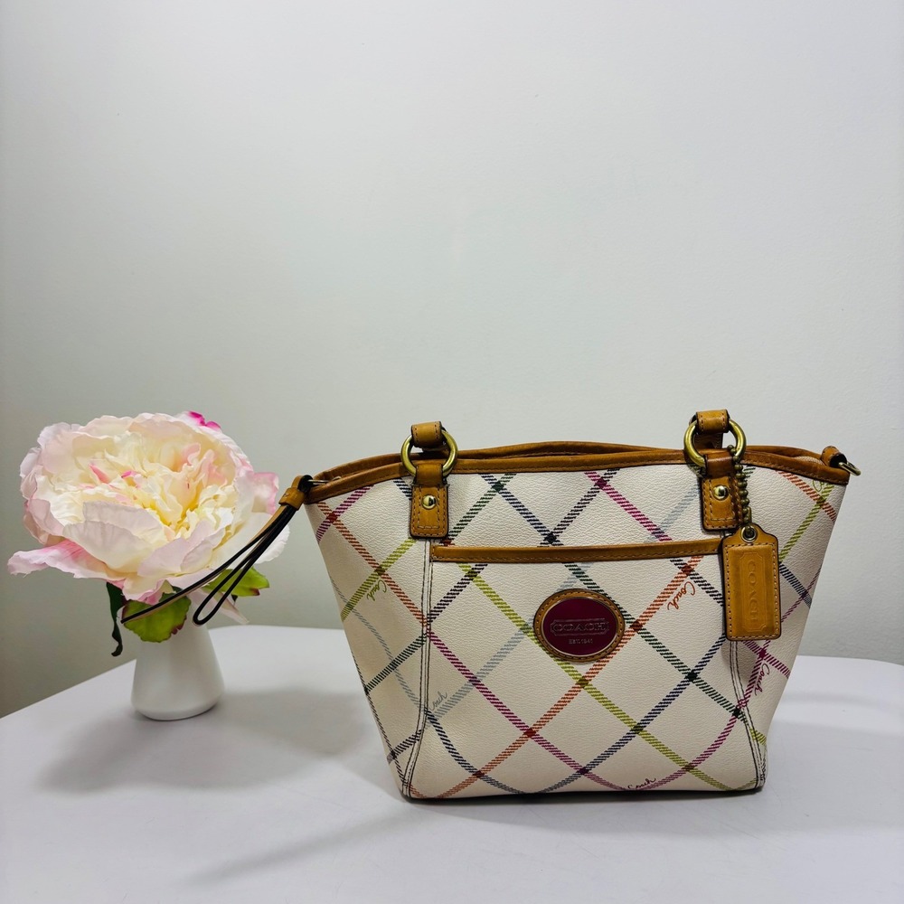 Coach Peyton Tattersall Tote Purse Handbag Ivory Plaid Multicolor - Picture 2 of 9